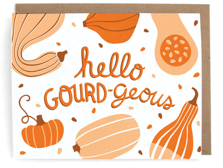 White card with gourds design, featuring the phrase "Hello gourd-geous," with a brown envelope