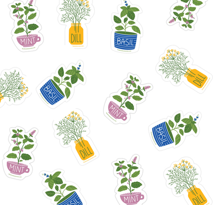 Neighborgoods herb stickers, including basil, dill, and mint
