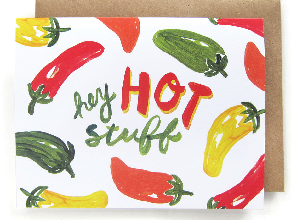 White card with watercolor pepper design, featuring the phrase "Hey hot stuff," with a brown envelope