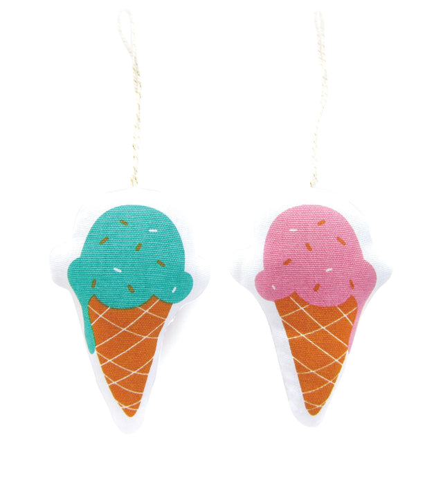 Soft ornament of an ice cream cone; Side 1 with blue ice cream with sprinkles, Side 2 with pink ice cream and sprinkles