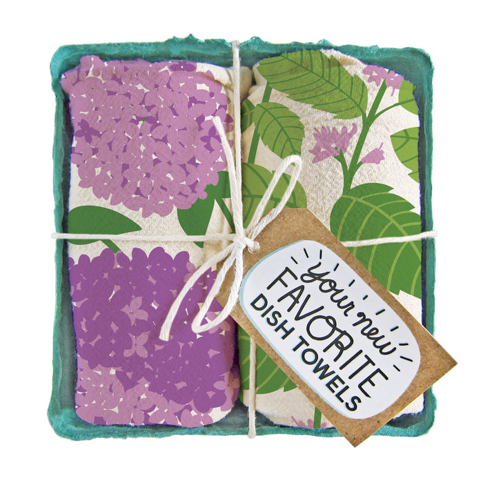 "I Lilac Purple" dish towel set, folded in a green berry basket tied with a gift tag