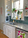 A sun-light kitchen with hanging potted plants above the sink and a Beet dish towel draped over the dishwasher rack.