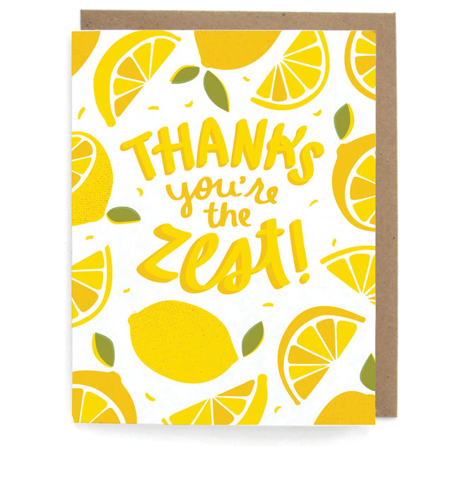 White card with lemon design, fetauring the phrase, "Thanks you're the zest!" with a brown envelope