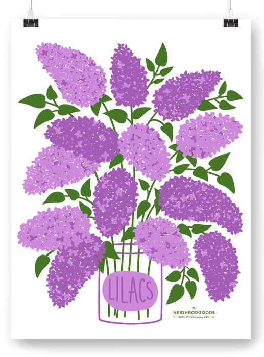 Lilac design print that pictures the word "Lilacs" on a jar, with the Neighborgoods logo at the bottom