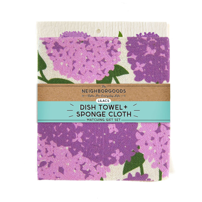 Matching dish towel and sponge cloth set with lilacs design