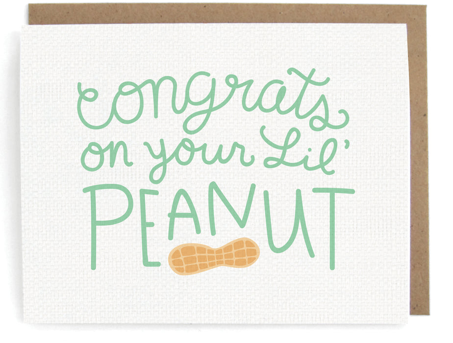 Card that pictures a peanut, featuring the phrase "Congrats on your lil' peanut," with a brown envelope