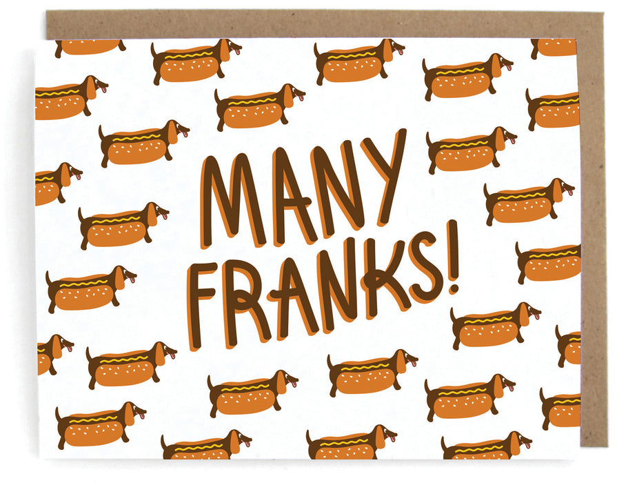White card with a doxie hot dog pattern, featuring the phrase "Many franks!" with a brown envelope