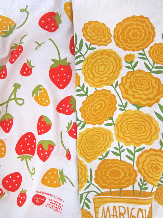 Strawberry and marigold  towels folded together