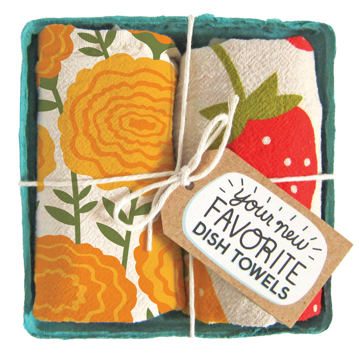 "Mari Berry" dish towel set, folded in a green berry basket tied with a gift tag