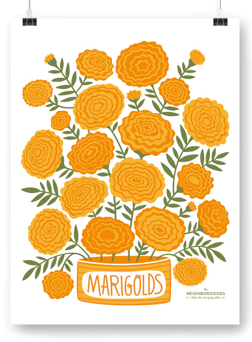 Marigolds design print that pictures the word "Marigolds" on an orange pot, with the Neighborgoods logo at the bottom
