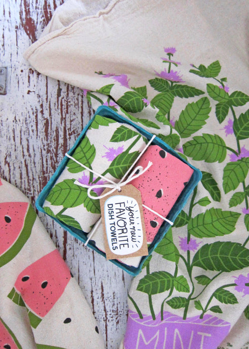 Mint+melon dish towel set photographed with watermelon and mint dish towels