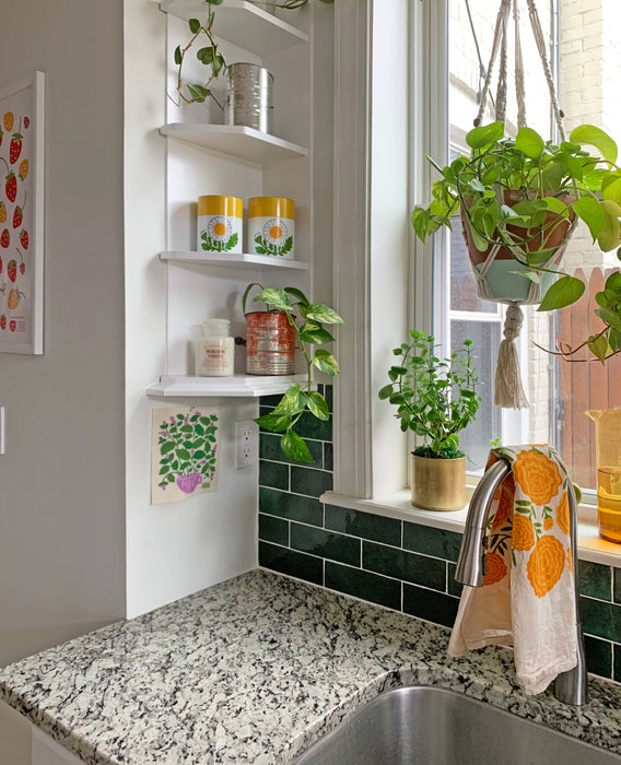 Mint sponge cloth hung up by the kitchen sink