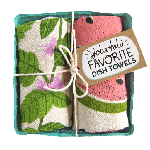 Mint+melon dish towel set, folded in a green berry basket tied with a gift tag