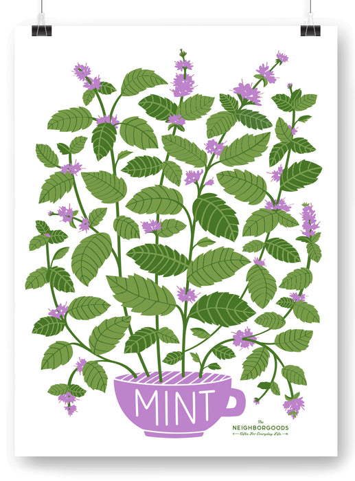 Mint design print that pictures "Mint" printed on the cup in which the plant is growing, with the Neighborgoods logo at the bottom