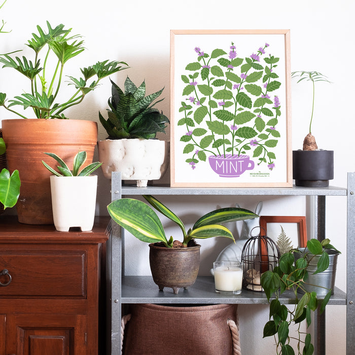 Mint print in large size framed amongst several houseplants
