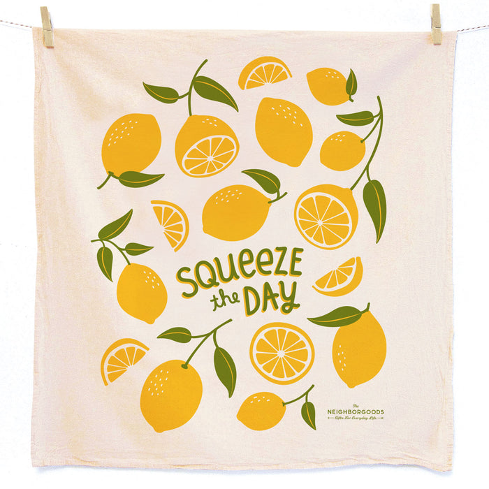 Cotton dish towel with lemons design, featuring the phrase "Squeeze the day"