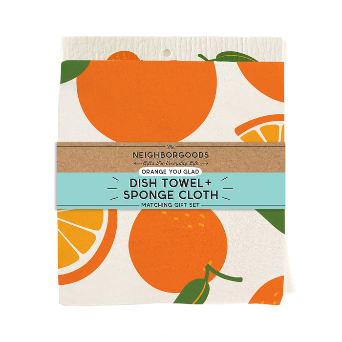 Matching dish towel and sponge cloth set with oranges design, featuring the phrase "Orange you glad"