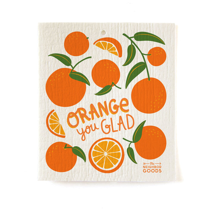 Reusable Swedish sponge cloth with oranges design, featuring the phrase "Orange you glad"