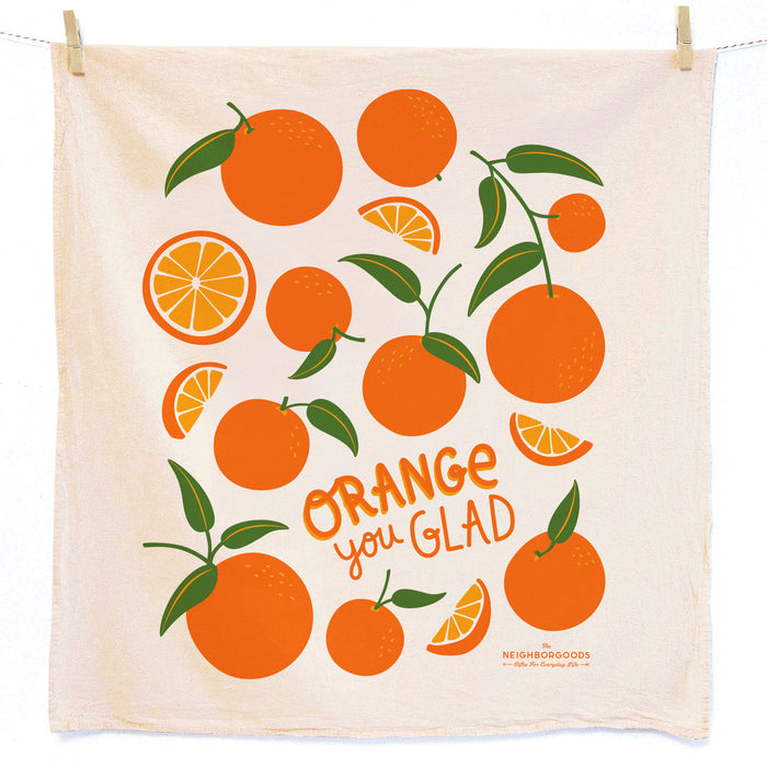 Cotton dish towel with oranges print, featuring the phrase "Orange you glad"