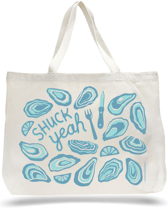 Large canvas tote bag with oysters design, featuring the phrase "Shuck yeah"