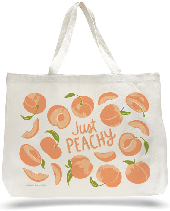 Large canvas tote bag with peaches design, featuring the phrase "Just peachy"