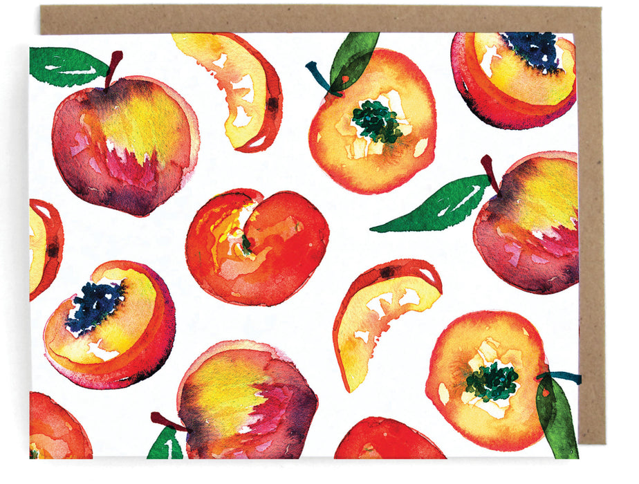 White card with watercolor peaches design, with a brown envelope