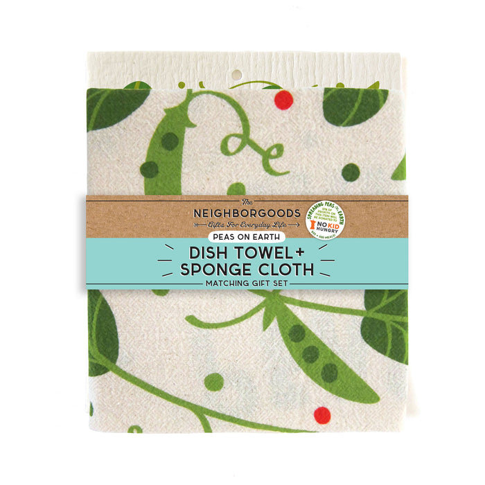 Matching dish towel and sponge cloth set with peas design, featuring the phrase "Peas on earth"