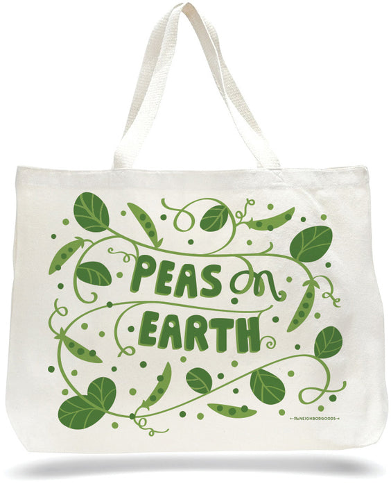 Large canvas tote bag with peas design, featuring the phrase "Peas on earth"