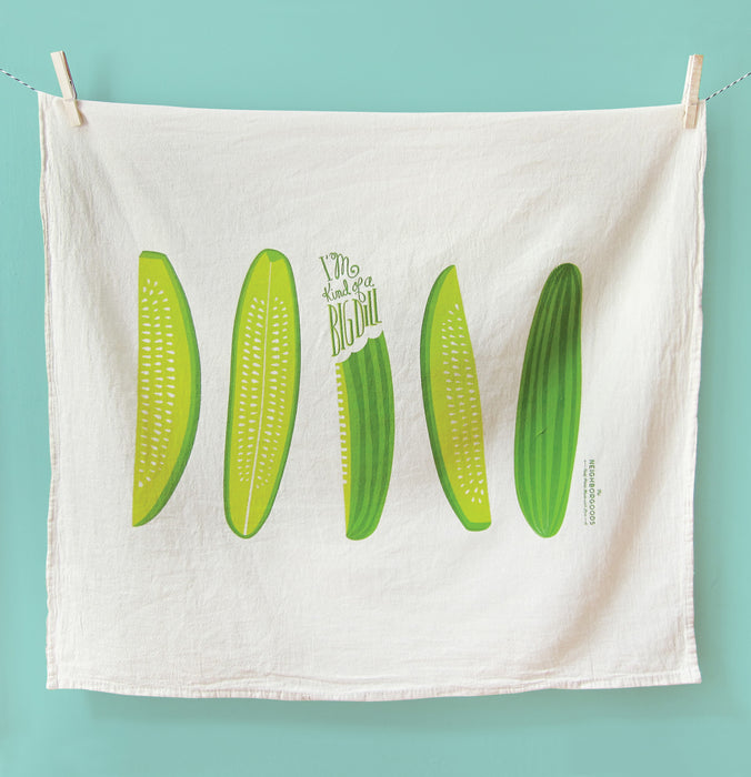 Cotton dish towel with pickles design, featuring the phrase ":I'm kind of a Big Dill"