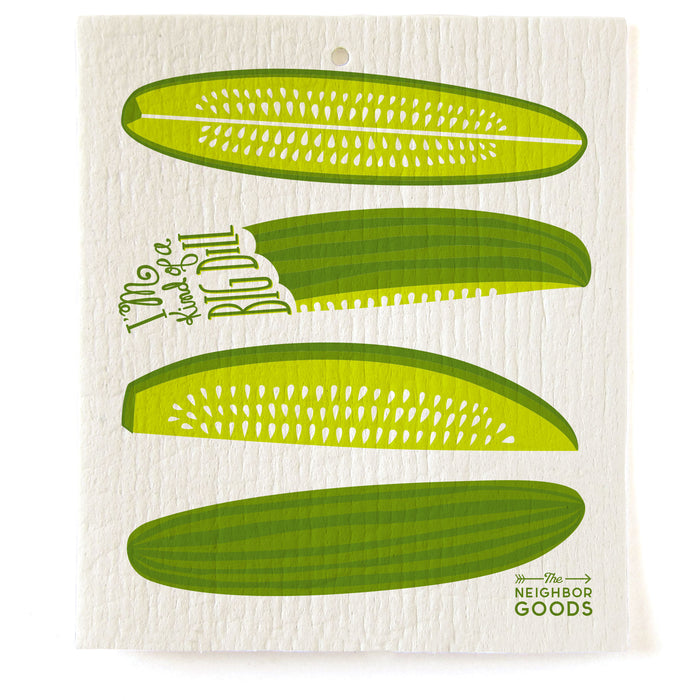 Reusable Swedish sponge cloth with pickles design, featuring the phrase "I'm kind of a big dill"