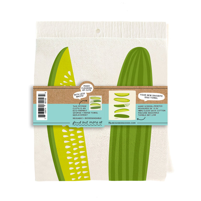 Back of matching dish towel and sponge cloth set with pickles design, featuring the phrase "I'm kind of a big dill"