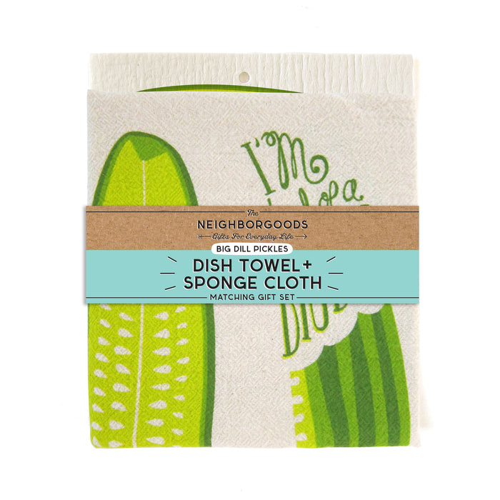 Matching dish towel and sponge cloth set with pickles design, featuring the phrase "I'm kind of a big dill"