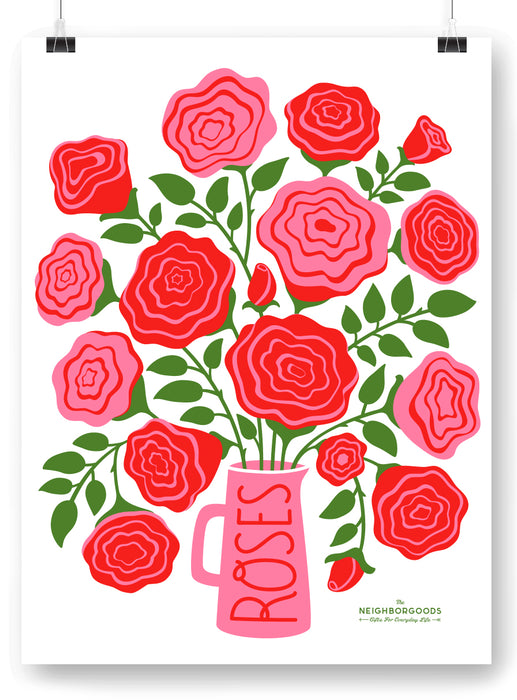 Roses design print that pictures the word "Roses" on a pink vase, with the Neighborgoods logo on the bottom