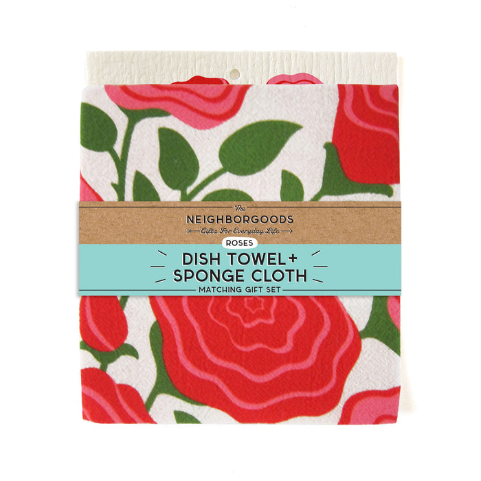Matching dish towel and sponge cloth set with roses design