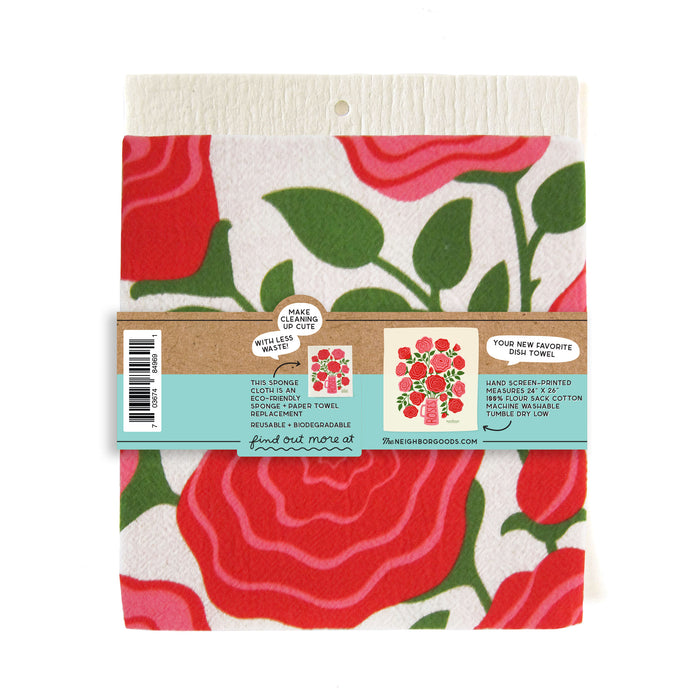 Back of matching dish towel and sponge cloth set with roses design