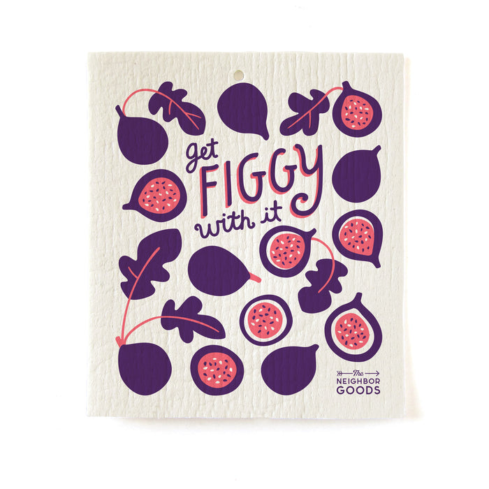 Reusable Swedish sponge cloth with figs design, featuring the phrase "Get figgy with it"