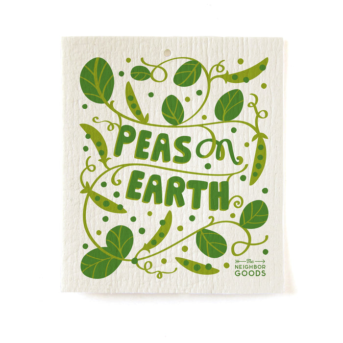 Reusable Swedish sponge clothwith peas design, featuring the phrase "Peas on earth"