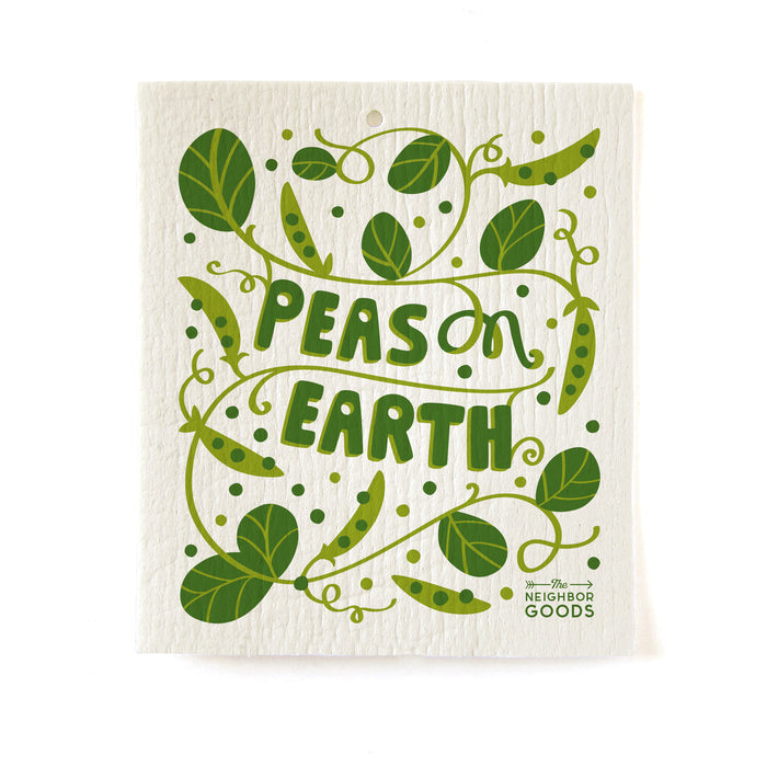Reusable Swedish sponge cloth with peas, featuring the phrase "Peas on earth"