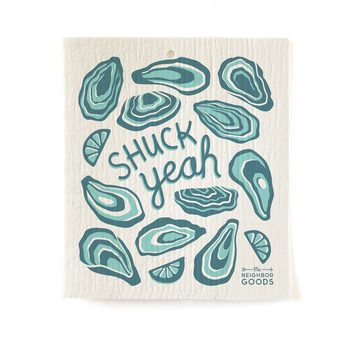 Reusable Swedish sponge cloth  with oysters design, featuring the phrase "Shuck yeah"