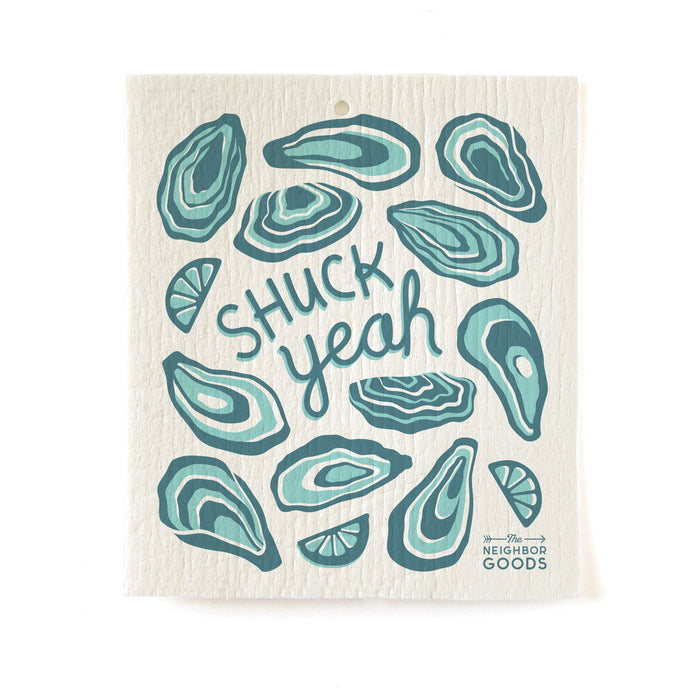 Reusable Swedish sponge cloth with oyster design, featuring the phrase "Shuck yeah"