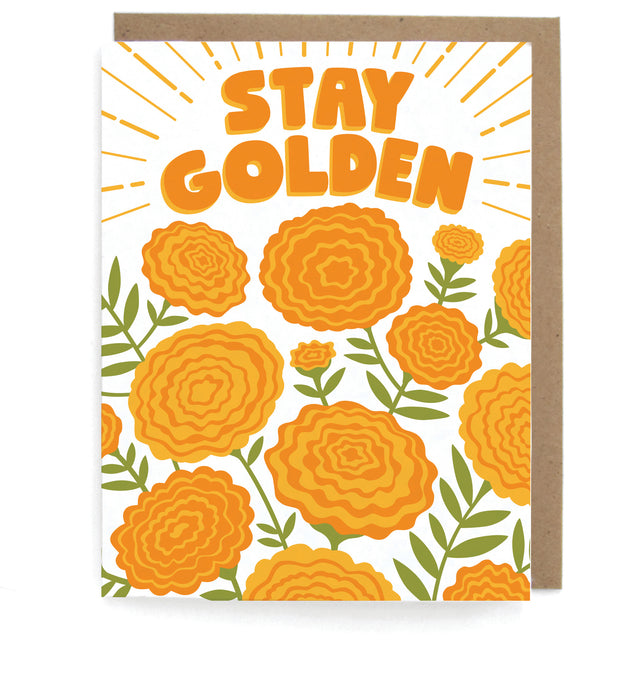 White card with marigolds design, featuring the phrase "Stay golden," with a brown envelope