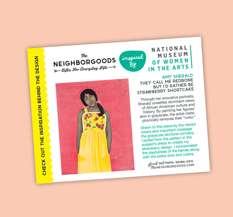 Card featuring brief description of Neighborgoods strawberry design, referencing Amy Sherald's painting "They Call Me Redbone but I'd Rather Be Strawberry Shortcake" from the National Museum of Women in the Arts