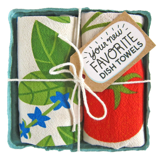 Tomato basil dish towel set, folded in a green berry basket tied with a gift tag