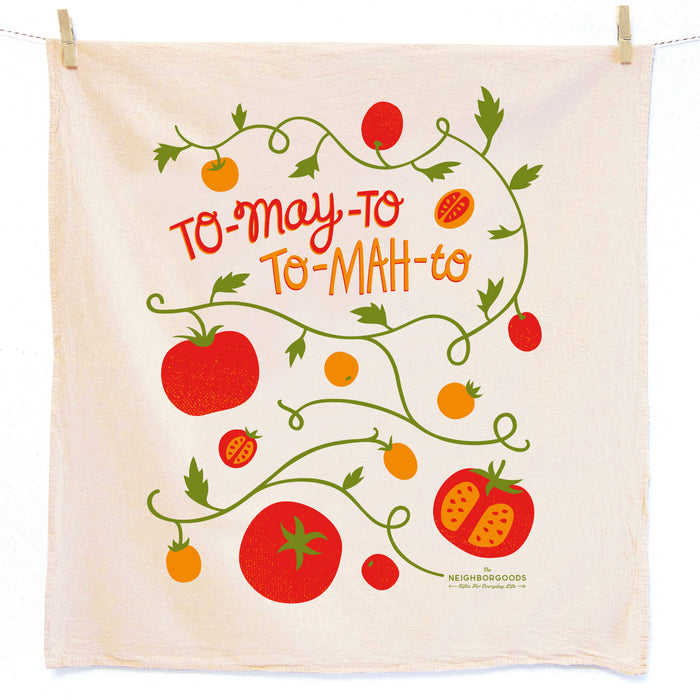 Cotton dish towel with tomato design, featuring the phrase "To-may-to, to-mah-to"