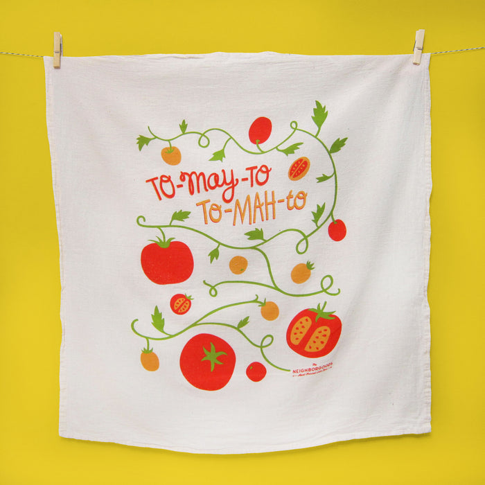 Cotton dish towel with tomato design, featuring the phrase "To-may-to, to-mah-to"