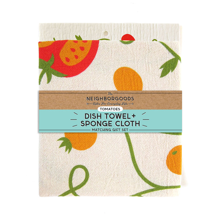 Matching dish towel and sponge cloth set with tomato design,  featuring the phrase "To-may-to, to-mah-to"