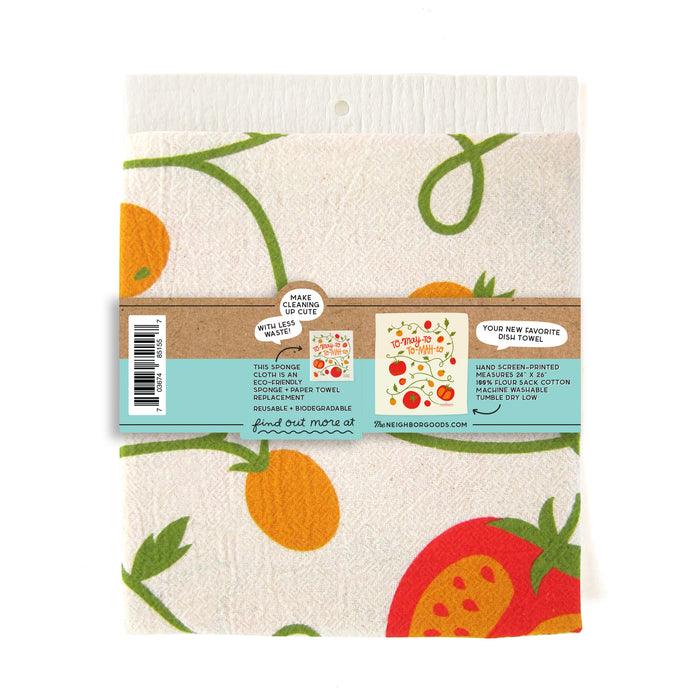 Back of matching dish towel and sponge cloth set with tomato design,  featuring the phrase "To-may-to, to-mah-to"