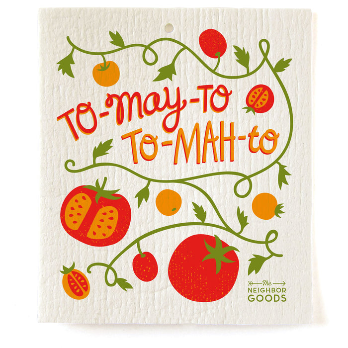 Reusable Swedish sponge cloth with tomato desidn,  featuring the phrase "To-may-to, to-mah-to"