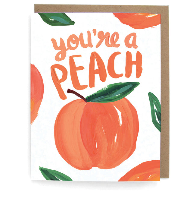 White card with a watercolor peach design, featuring the phrase "You're a peach," with a brown envelope