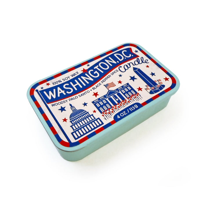 Washington D.C. themed candle tin with Capitol building illustration on a white background